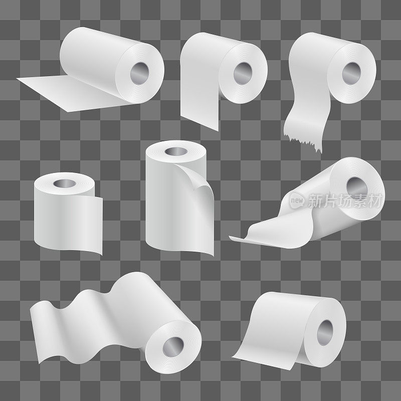 White toilet paper roll and kitchen towels isolated on transparent background